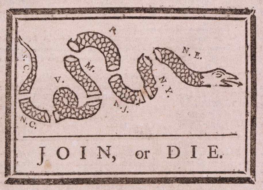 Drawing of a serpent severed into eight parts, each of which bears a state abbreviation (SC, NC, V, M, P, NJ, NY, NE). Cartoon has the caption "Join, or die."