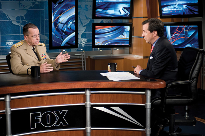 Photo: Chairman of the Joint Chiefs of Staff Navy Mike Mullen, left, participates in an interview with Chris Wallace, the host of Fox News Sunday, in Washington, D.C