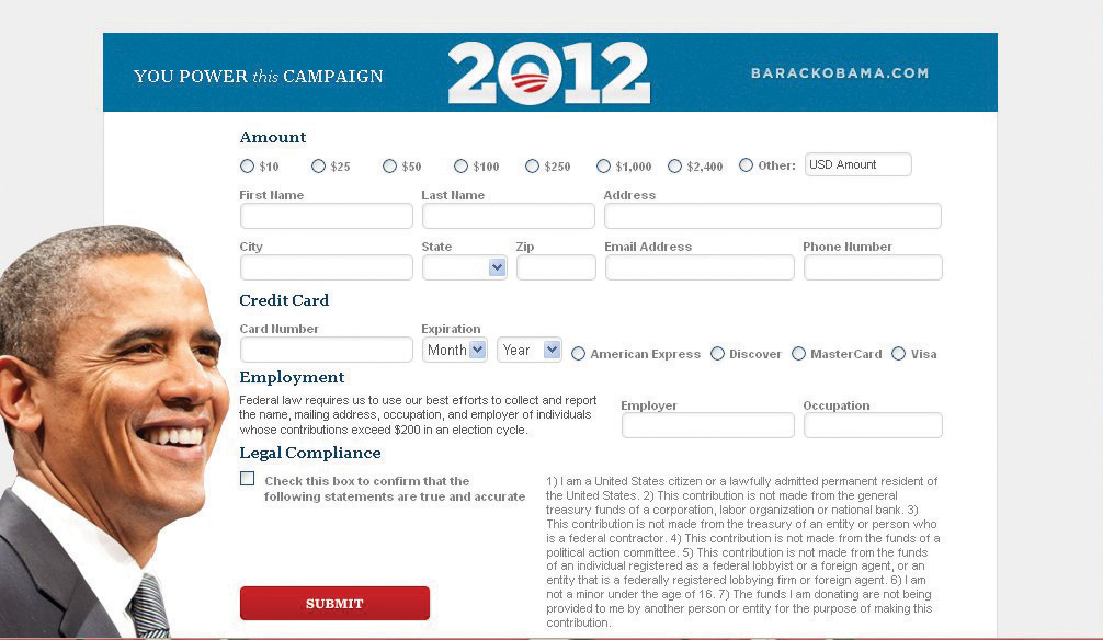 Image includes a photo of Barack Obama and a screen shot of a donation-form page from his Web site, where supporters could contribute money to his reelection campaign.