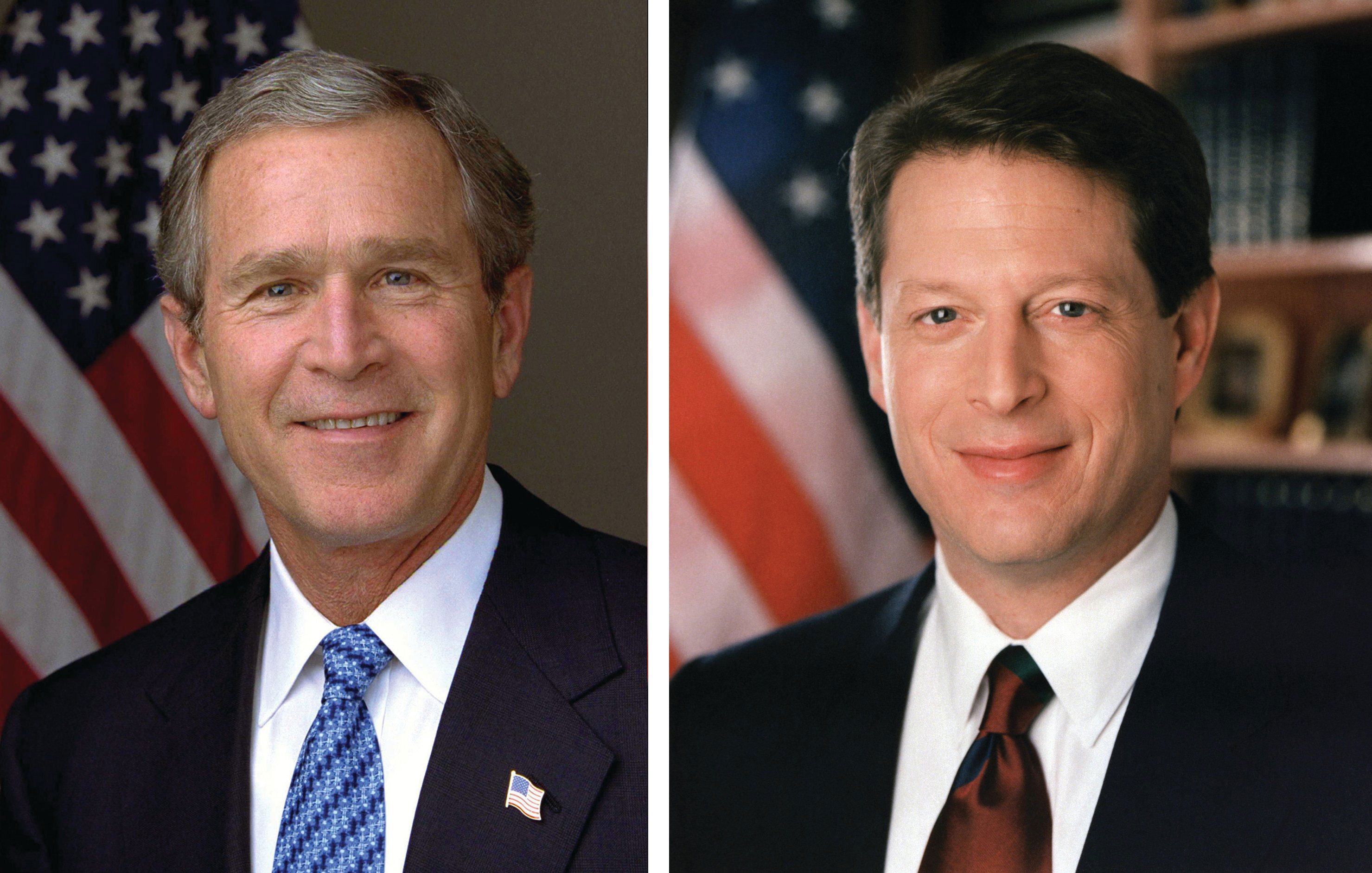 On the left, official photo of George W. Bush; on the right, official photo of Al Gore.