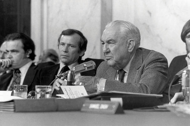 Black-and-white photo of Senate Watergate hearings showing Fred Thompson, Howard Baker, and Sam Ervin, chair.