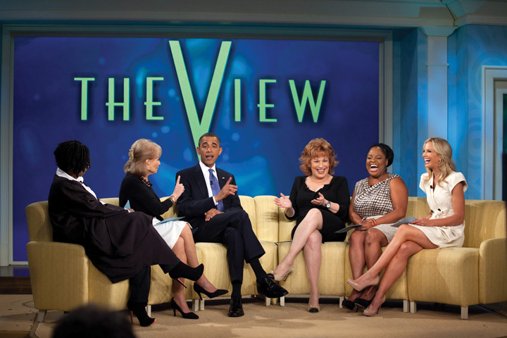 Photo: President Barack Obama records an episode of The View at ABC Studios in New York, N.Y., July 28, 2010. Pictured, from left, are Whoopi Goldberg, Barbara Walters, Joy Behar, Sherri Shepherd, and Elisabeth Hasselbeck.