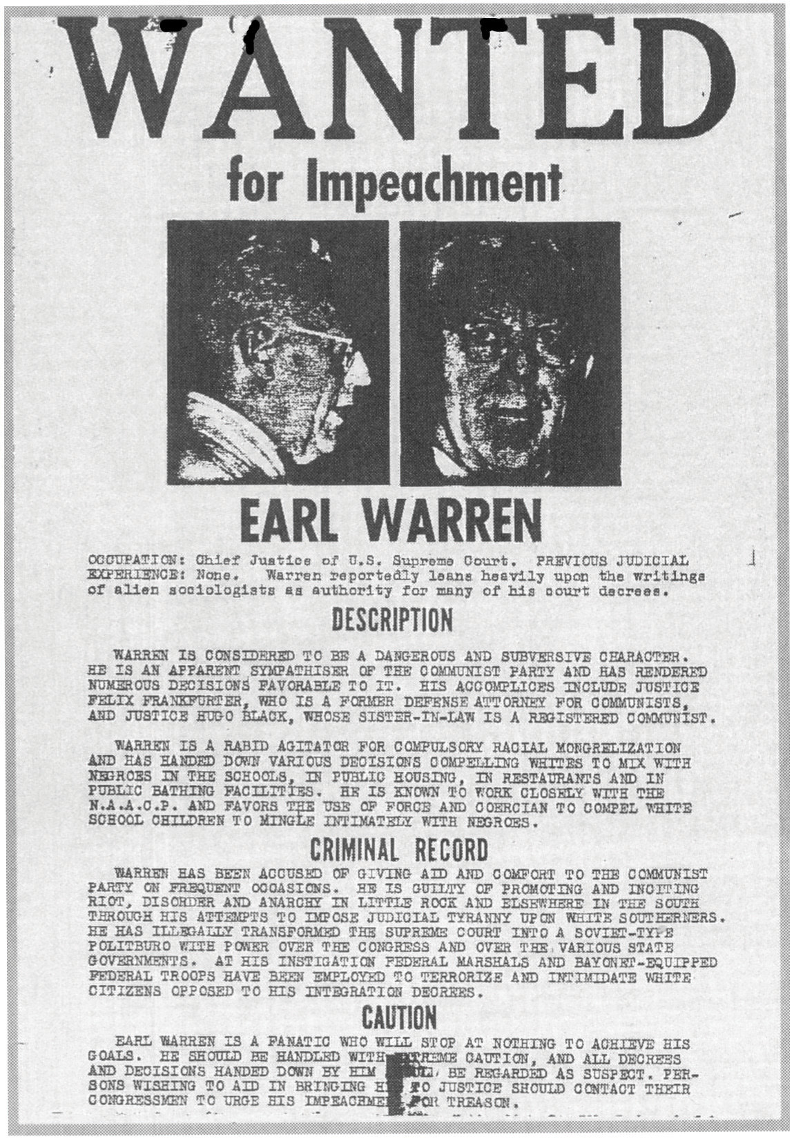 A flyer printed in the old-fashioned style of "Wanted" posters. It reads, "Wanted for impeachment," with mug shots of Earl Warren beneath, and the following sections: "Description," "Criminal Record," and "Caution."