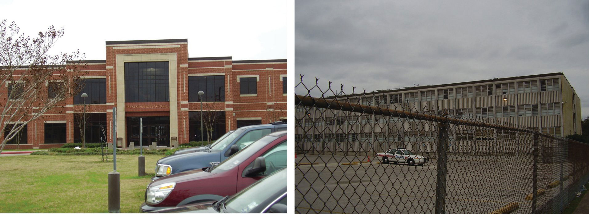 Two photos of two schools. The one on the left looks very new and clean, and has a bright green lawn in front. The school on the left is old and dilapidated, has a vast empty parking lot and is surrounded by a chain-link fence.