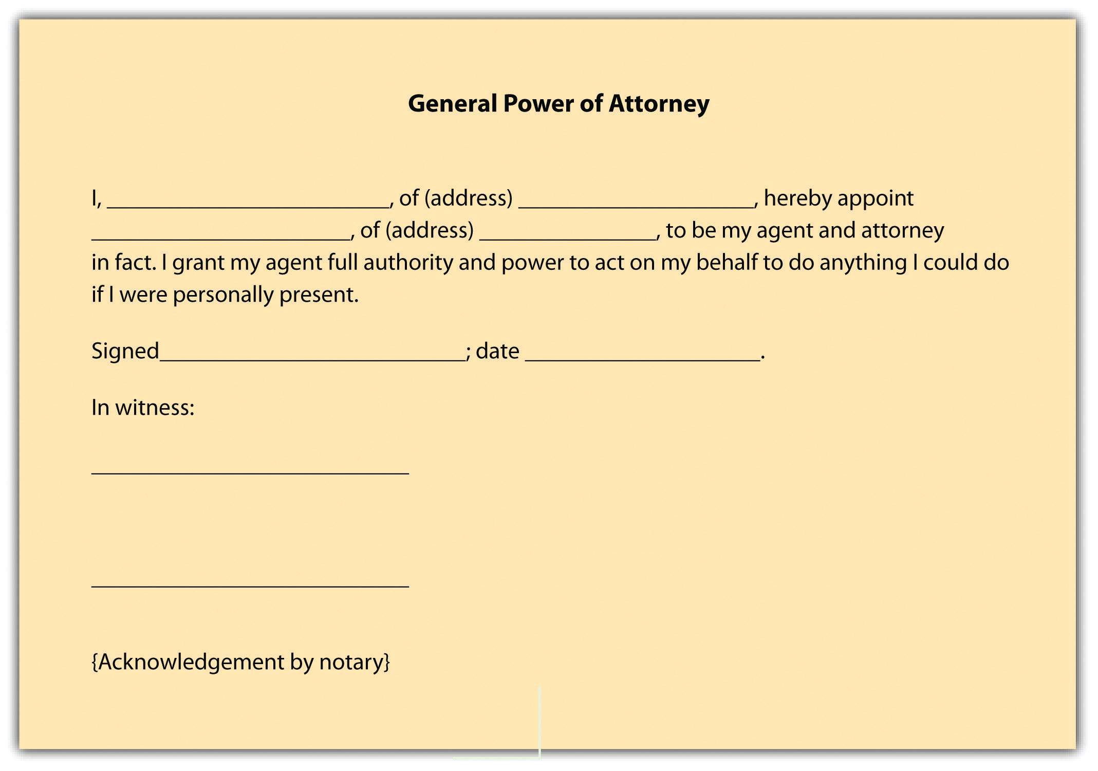 Image of a General Power of Attorney. It reads that a person grants another person "to be my agent and attorney in fact. I grant my agent full authority and power to act on my behalf to do anything I could do if I were personally present."