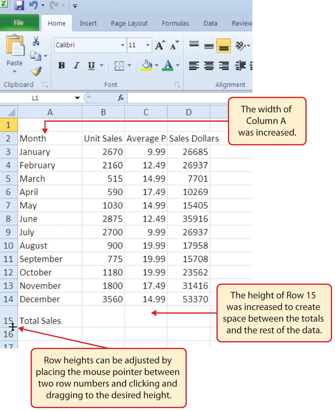 Figure 1.29 Excel Objective 1.0 with Column A and Row 15 Adjusted