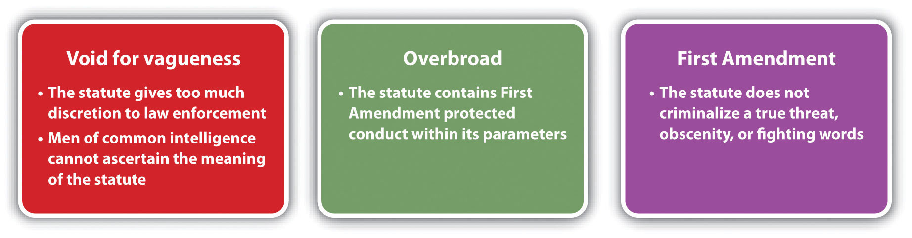 Diagram of Potential Constitutional Challenges to Disorderly Conduct Statutes, including void for vagueness, being overbroad, and the First Amendment.