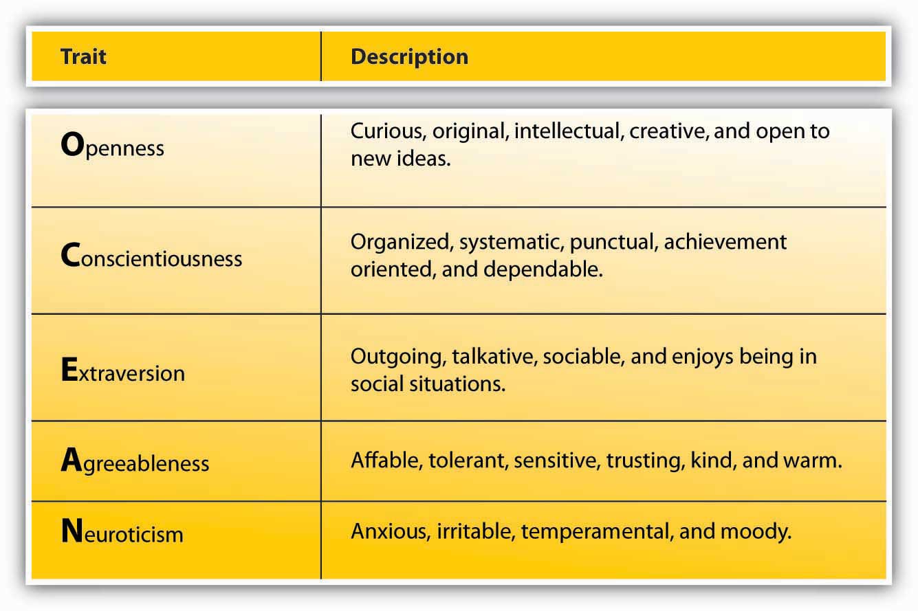 Summary of the six groups of personality characteristics