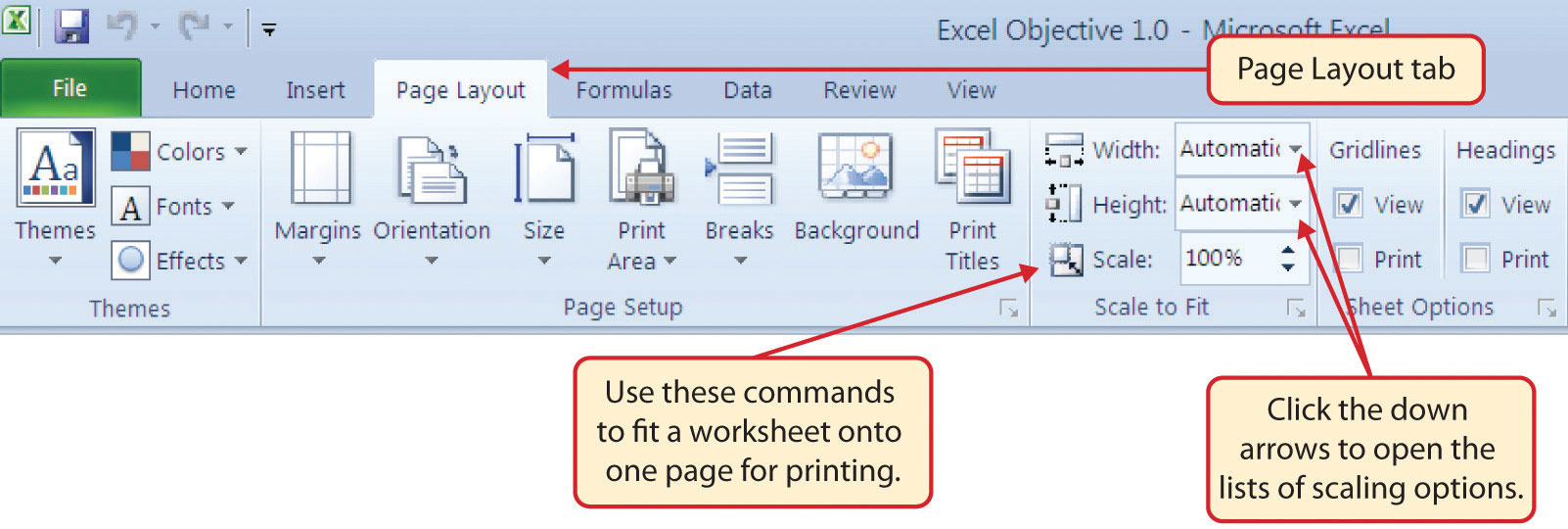 page in 1 to excel margins change Printing